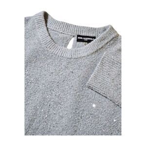 Karl Lagerfeld Sequined Gray Crewneck Sweater Bow Accent‎ Long Sleeve Women's S